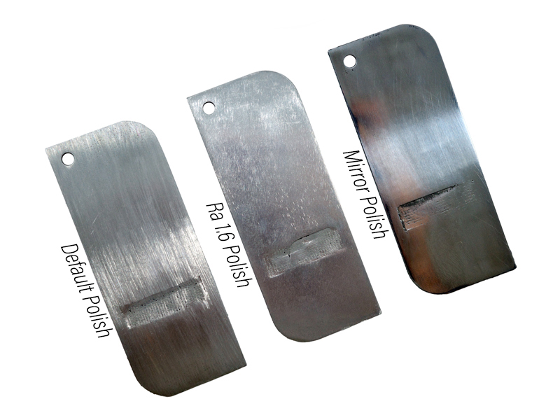 Comparison of aluminum samples with default polishing, Ra 1.6 polishing, and mirror polishing.