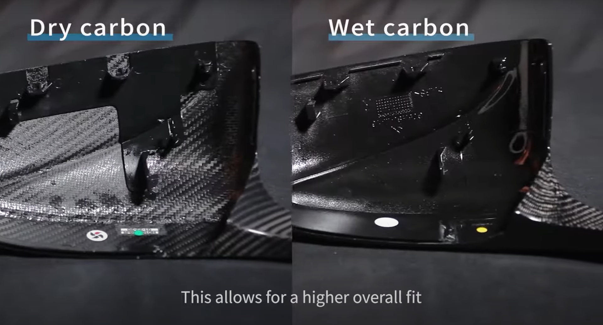 The resin cladding of wet carbon would turn yellow and deform under long-time sun exposure. No such problems would happen on dry carbon as it undergoes high temparature and pressure. Source: What's Different Between Dry Carbon and Wet Carbon Mirror Caps?
